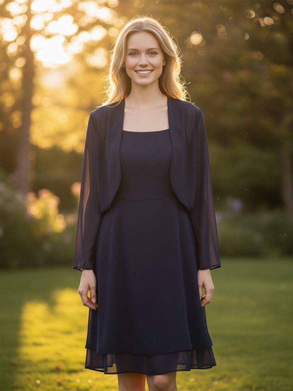 Elegant Navy Blue Women’s Cocktail Dress with Matching Bolero Jacket Size 14